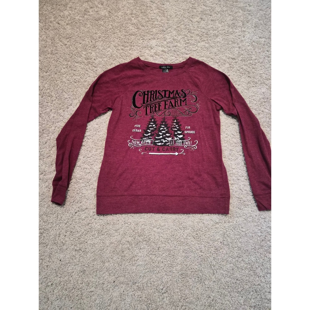 Sable Sky Christmas Tree Farm Sweatshirt Burgundy Holiday Graphic Small BNL04Q0